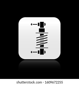 Black Shock absorber icon isolated on black background. Silver square button. Vector Illustration