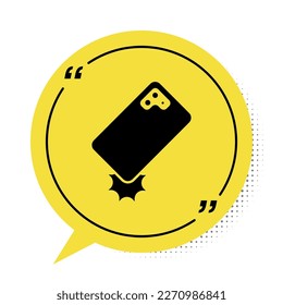 Icono de teléfono móvil a prueba de impactos negros aislado en fondo blanco. Símbolo amarillo de burbuja de habla. Vector