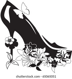 A black shoe in flowers on the white background