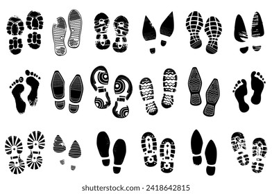 Black shoe footprints. Silhouette boot prints. Human steps traces. Sneakers sole imprints. Foot stamps. Grunge texture. Barefoot leg trails. Isolated pair footmarks