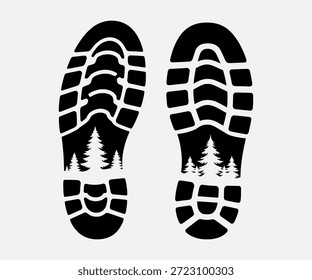 Black shoe soles with forest trees on a white background, symbolizing hiking or outdoor activities.