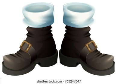 Black shoes with gold buckles. Santa Claus boots Christmas accessory. Isolated on white vector cartoon illustration