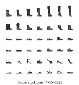 Black shoes icon set, men and women fashion shoes. Vector illustration