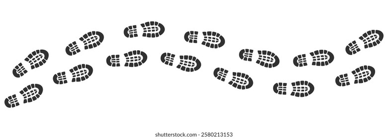 Black shoes prints footpath. Sneakers silhouettes path. Steps or footprints of walking person. Human steps traces. Vector illustration isolated on white background.