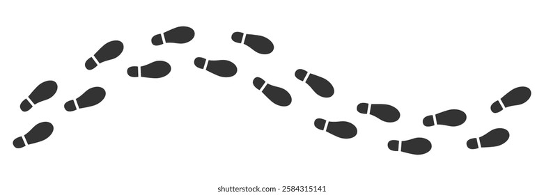 Black shoes prints footpath. Steps or footprints of walking or running person. Hand drawn human steps traces silhouettes. Vector illustration isolated on white background.