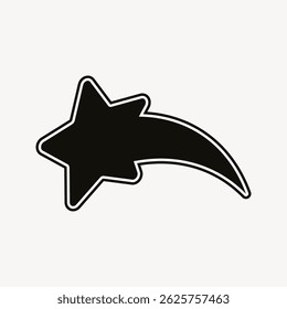 Black shooting star icon with a curved tail on a white background. Simple star design with bold outline. Minimalist star symbol for decoration or design. Starburst illustration vector.