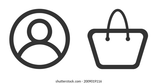 Diseño de iconos vectoriales de cuentas de perfil de usuario y bolso de tienda negro. Compra símbolo, elemento de página web. El bolso de compra compra la ilustración del icono web aislado en fondo blanco. señal de comercio electrónico. Icono de inicio de sesión de cuenta de usuario