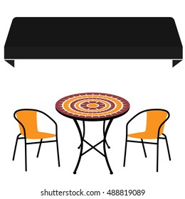Black shop window awning  vintage outdoor table and two chairs. Round table and chair vector icon. Restaurant furniture