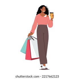 Black Shopaholic Girl with Coffee Cup and Purchases in Colorful Paper Bags. Stylish African American Woman Holding Shopping Packages Shopping Recreation, Sale, Discount. Cartoon Vector Illustration