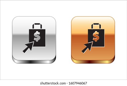 Black Shoping bag and dollar icon isolated on white background. Handbag sign. Woman bag icon. Female handbag sign. Silver-gold square button. Vector Illustration