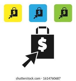 Black Shoping bag and dollar icon isolated on white background. Handbag sign. Woman bag icon. Female handbag sign. Set icons colorful square buttons. Vector Illustration