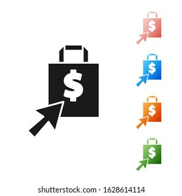 Black Shoping bag and dollar icon isolated on white background. Handbag sign. Woman bag icon. Female handbag sign. Set icons colorful. Vector Illustration