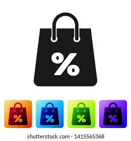 Black Shoping bag with an inscription percent discount icon isolated on white background. Handbag sign. Woman bag icon. Female handbag sign. Set icon in color square buttons. Vector Illustration