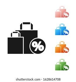 Black Shoping bag with an inscription percent discount icon isolated on white background. Handbag sign. Set icons colorful. Vector Illustration