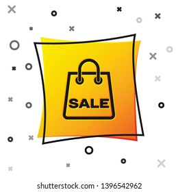 Black Shoping bag with an inscription Sale icon isolated on white background. Handbag sign. Woman bag icon. Female handbag sign. Yellow square button. Vector Illustration