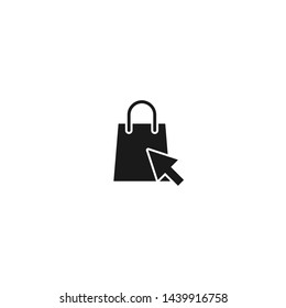 black shopping bag with cursor arrow. simple icon isolated on blue background. click on package, packet. Fat vector Illustration. Good for web and mobile design.