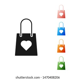 Black Shopping bag with heart icon isolated on white background. Shopping bag shop love like heart icon. Valentines day symbol. Set icons colorful. Vector Illustration