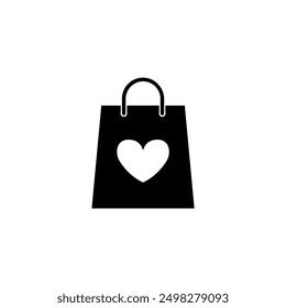 Black shopping bag icon with a heart symbol, perfect for retail and love-themed designs.