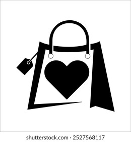 Black shopping bag icon with heart symbol, suitable for retail and love-themed designs.