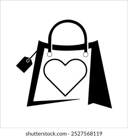 Black shopping bag icon with heart symbol, suitable for retail and love-themed designs.