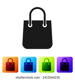Black Shopping bag icon isolated on white background. Package sign. Set icon in color square buttons. Vector Illustration