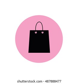 Black shopping bag icon vector. Pink circle. Pink button