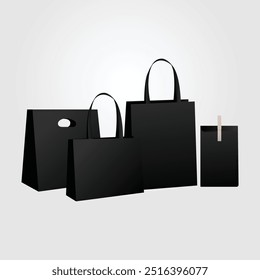 Sacos de compras pretos, caixa, caixa de presente, vetor de maquete com fundo branco.