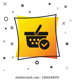 Black Shopping basket with check mark icon isolated on white background. Supermarket basket with approved, confirm, done, tick, completed symbol. Yellow square button. Vector Illustration