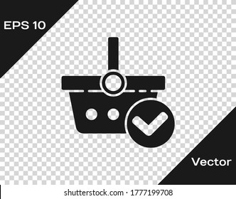 Cesta negra de compras con icono de marca de verificación aislado en fondo transparente. Cesta de supermercados con aprobación, confirmación, marca, completado. Ilustración vectorial