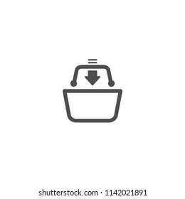 black shopping basket with black down arrow sign. Simple icon isolated on white background. Store trolley. Flat vector Illustration. Good for web and mobile design.