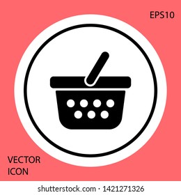 Black Shopping basket icon isolated on red background. Online buying concept. Delivery service sign. Shopping cart symbol. White circle button. Vector Illustration
