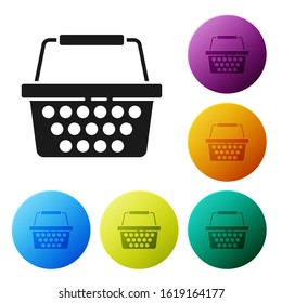 Black Shopping basket icon isolated on white background. Online buying concept. Delivery service sign. Shopping cart symbol. Set icons colorful circle buttons. Vector Illustration