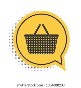 Black Shopping basket icon isolated on white background. Online buying concept. Delivery service sign. Shopping cart symbol. Yellow speech bubble symbol. Vector.