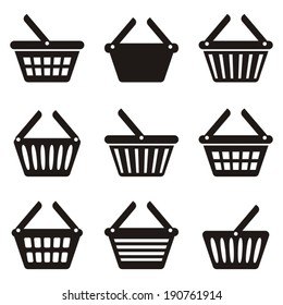 Black shopping basket icons collection on white background
