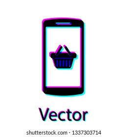 Black Shopping basket on screen smartphone icon isolated on white background. Concept e-commerce, e-business, online business marketing. Vector Illustration