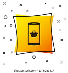 Black Shopping basket on screen smartphone icon isolated on white background. Concept e-commerce, e-business, online business marketing. Yellow square button. Vector Illustration