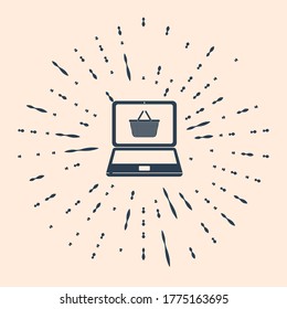Black Shopping basket on screen laptop icon isolated on beige background. Concept e-commerce, e-business, online business marketing. Abstract circle random dots. Vector Illustration