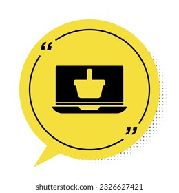 Black Shopping basket on screen laptop icon isolated on white background. Concept e-commerce, e-business, online business marketing. Yellow speech bubble symbol. Vector Illustration