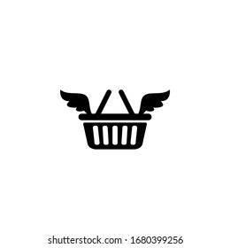 Black shopping basket with wings. icon isolated on white background. Internet Store cart icon. Online shop. Home delivery. Flat vector Illustration. Good for web and mobile design.
