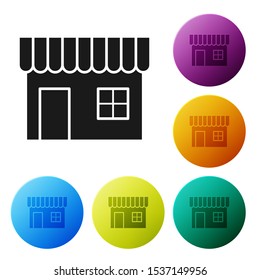 Black Shopping building or market store icon isolated on white background. Shop construction. Set icons colorful circle buttons. Vector Illustration