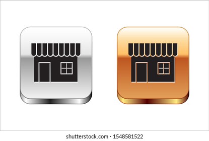 Black Shopping building or market store icon isolated on white background. Shop construction. Silver-gold square button. Vector Illustration