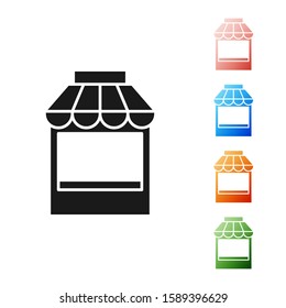 Black Shopping building or market store icon isolated on white background. Shop construction. Set icons colorful. Vector Illustration