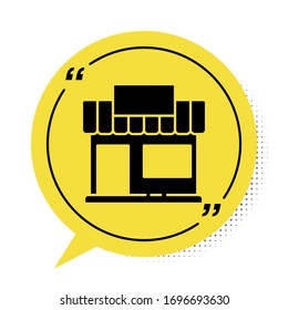 Black Shopping building or market store icon isolated on white background. Shop construction. Yellow speech bubble symbol. Vector Illustration