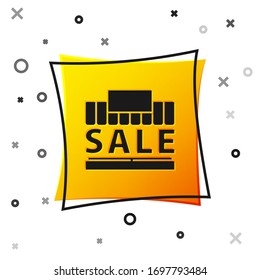 Black Shopping building or market store icon isolated on white background. Supermarket sale concept. Yellow square button. Vector Illustration
