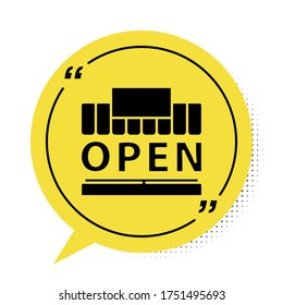 Black Shopping building or market store and text open icon isolated on white background. Shop construction. Yellow speech bubble symbol. Vector Illustration