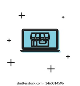 Black Shopping building on screen laptop icon isolated on white background. Concept e-commerce, e-business, online business marketing.  Vector Illustration
