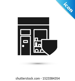 Black Shopping building with shield icon isolated on white background. Insurance concept. Security, safety, protection, protect concept.  Vector Illustration