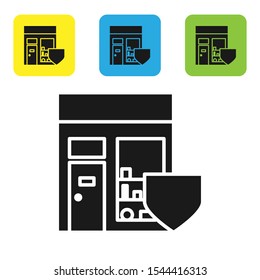 Black Shopping building with shield icon isolated on white background. Insurance concept. Security, safety, protection, protect concept. Set of colorful square icon buttons. Vector Illustration