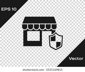 Edificio de compras negro con icono de escudo aislado sobre fondo transparente. Concepto de seguro. Seguridad, seguridad, protección, proteger el concepto.  Vector