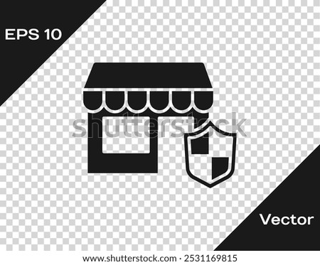 Black Shopping building with shield icon isolated on transparent background. Insurance concept. Security, safety, protection, protect concept.  Vector